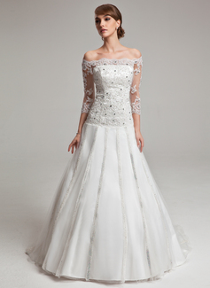 Robe de Mariée bal Hors épaule Traine longue Tulle Charmeuse Robe de Mariée avec Dentelle Perlé (002017567)
