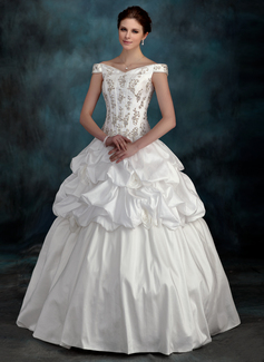 Robe de Mariée bal Hors épaule Longeur au sol Taffetas Robe de Mariée avec Perlé Fleurs (002012128)
