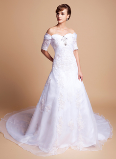 Robe de Mariée Ligne-A/Princesse Hors épaule Traine courte Organza Satin Robe de Mariée avec Dentelle Perlé (002011512)