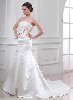 Empire Strapless Chapel Train Satin Wedding Dresses With Lace Beadwork (002000079)