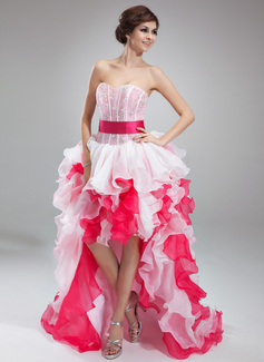 Robe de Bal de Promo Ligne-A/Princesse Cœur Assymetrique Organza Robe de Bal de Promo avec Dentelle Sash (018018804)