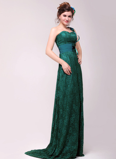 Avondjurken A-Lijn/Prinses Een-Schouder Korte Sleep Chiffon Satijnzijde Lace Avondjurk met Kraal (017014017)