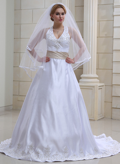 Robe de Mariée Ligne-A/Princesse Bretelles autour du cou Traîne Chapelle Satin Robe de Mariée avec Broderie Echarpes Perlé (002000039) Robe de Mariée Ligne-A/Princesse Bretelles autour du cou Traîne Chapelle Satin Robe de Mariée avec Broderie Echarpes Perlé (002000039)
