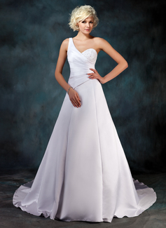 Robe de Mariée Ligne-A/Princesse Une epaule Traine courte Satin Robe de Mariée avec Ondulé Perlé Sequins (002001181)