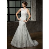 Sirene Col V Traine courte Satin Tulle Robe de Mariée avec lacet Perlé (002011589)