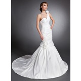 Sirene Cœur Une epaule Traîne Chapelle Taffetas Robe de Mariée avec Ondulé Fleurs (002015132)