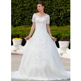 bal Hors épaule Traîne Chapelle Organza Robe de Mariée avec Ondulé Dentelle Perlé (002011562)