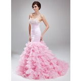 Sirene Col rond Traine courte Organza Satin Robe de Bal de Promo avec Brodé (018018798)