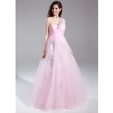Empire Une epaule Longeur au sol Tulle Robe de Bal de Promo avec Ondulé Brodé (018015872)