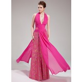 Nauwaansluitend Halter Vloerlengte Chiffon Kant Avondjurken met Roes Kraal (017019755)