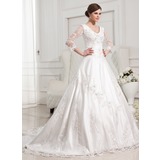 bal Col V Traîne Chapelle Satin Tulle Robe de Mariée avec Dentelle Perlé (002012846)