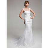 Sirene Traine courte Satin Tulle Robe de Mariée avec Dentelle Perlé (002000183)