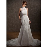 Sirene Col montant Traine courte Satin Tulle Robe de Mariée avec Dentelle Perlé (002001234)