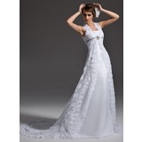 Ligne-A/Princesse Encolure carrée Traine courte Satin Dentelle Robe de Mariée avec Perlé (002001257)