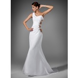 Zeemeermin Een-Schouder Korte Sleep Chiffon Avondjurken met Roes Kraal (017004345)