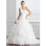 bal Une epaule Traine courte Organza Robe de Mariée avec Ondulé Fleurs (002000590)