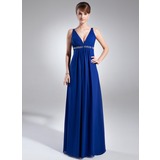 Empire Col V Longeur au sol Mousseline Robe de Bal de Promo avec Ondulé Brodé Pailleté (018002477)