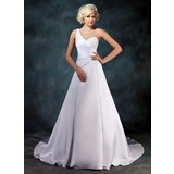 Ligne-A/Princesse Une epaule Traine courte Satin Robe de Mariée avec Ondulé Perlé Sequins (002001181)