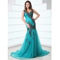 Sirene Col V Traine courte Tulle Robe de Bal de Promo avec Ondulé Appliques (018017355)