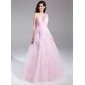 Empire Une epaule Longeur au sol Tulle Robe de Bal de Promo avec Ondulé Brodé (018015872)