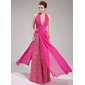 Nauwaansluitend Halter Vloerlengte Chiffon Kant Avondjurken met Roes Kraal (017019755)
