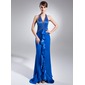 Sheath Halter Sweep Train Charmeuse Prom Dress With Beading (018015640)