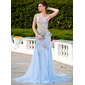 Sirene Col rond Traine courte Tulle Charmeuse Robe de Bal de Promo avec Perles Appliques Fleurs Sequins (018024584)